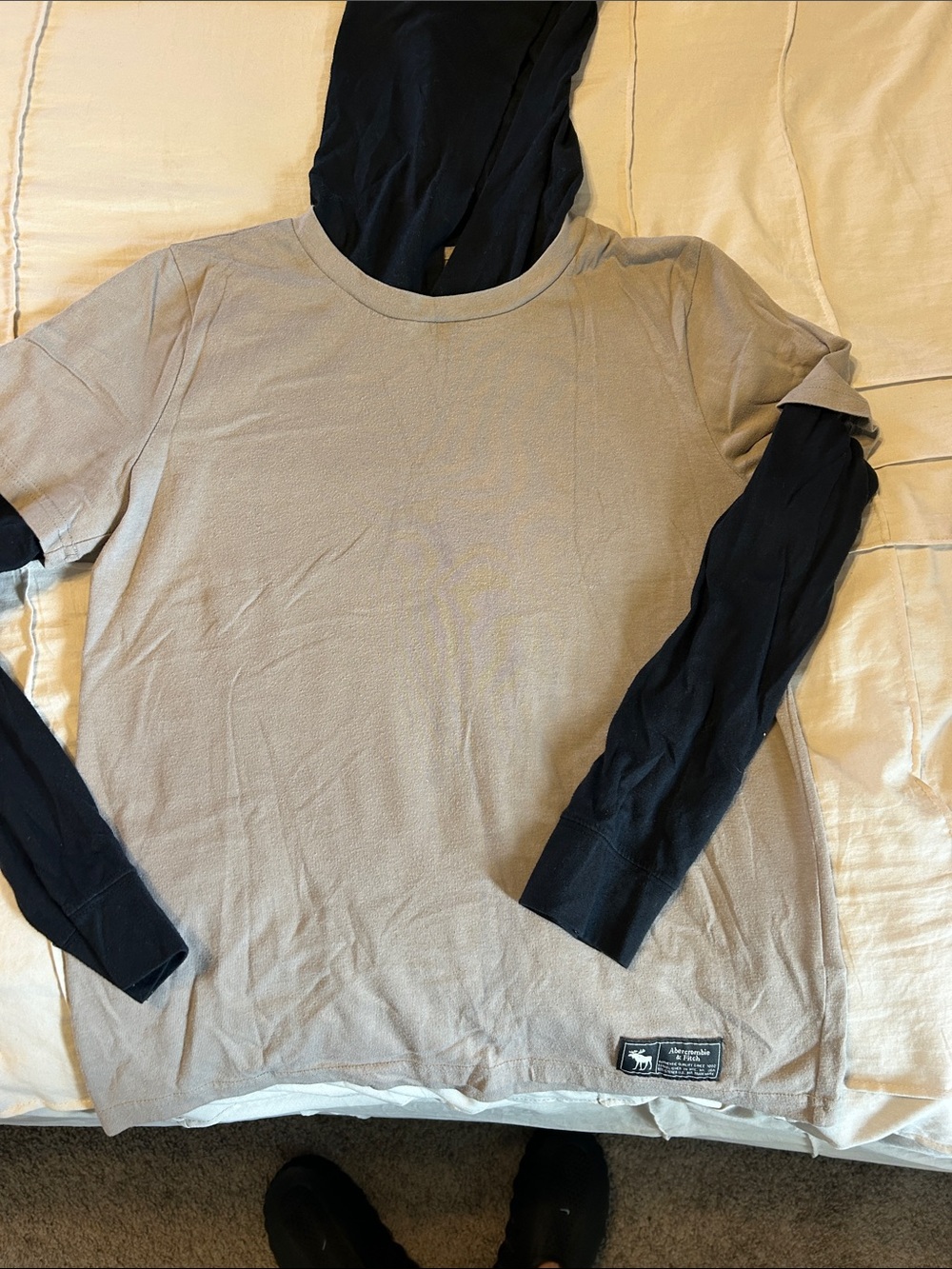 Kids Layered Long-Sleeve Hooded Abercrombie Tee - Tan and Black